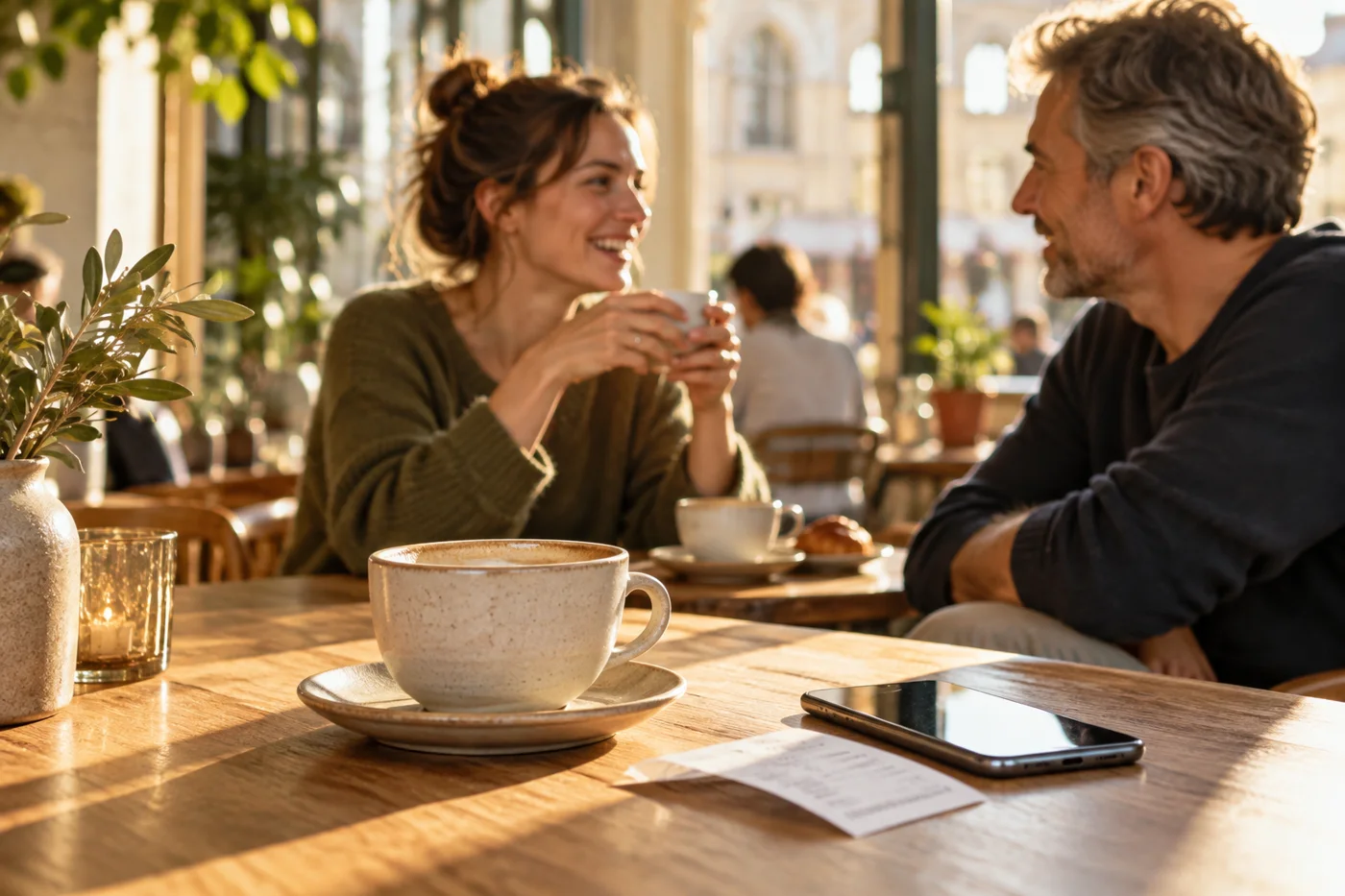 Kaffee, Kassenbon und Handy auf einem sonnigen Cafétisch