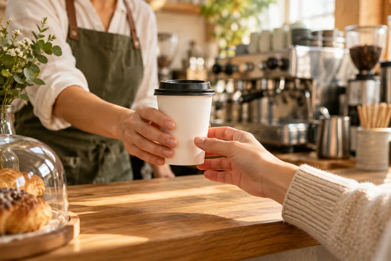 Ein Kaffee zum Mitnehmen wird über die Theke gereicht